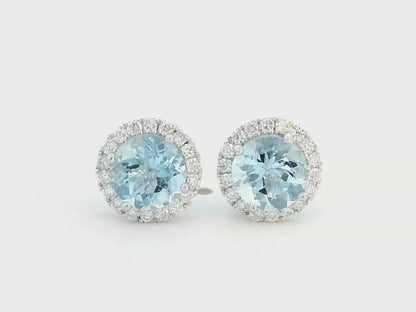 18K Gold Aquamarine & Diamond Halo Earrings .