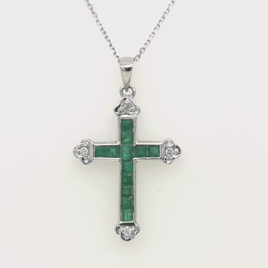 Emerald Cross Pendant In 18k White Gold.