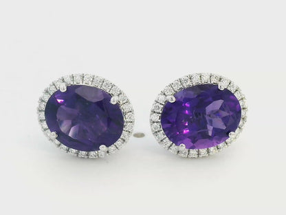 18K Gold Oval Amethyst with Diamond Halo Earrings