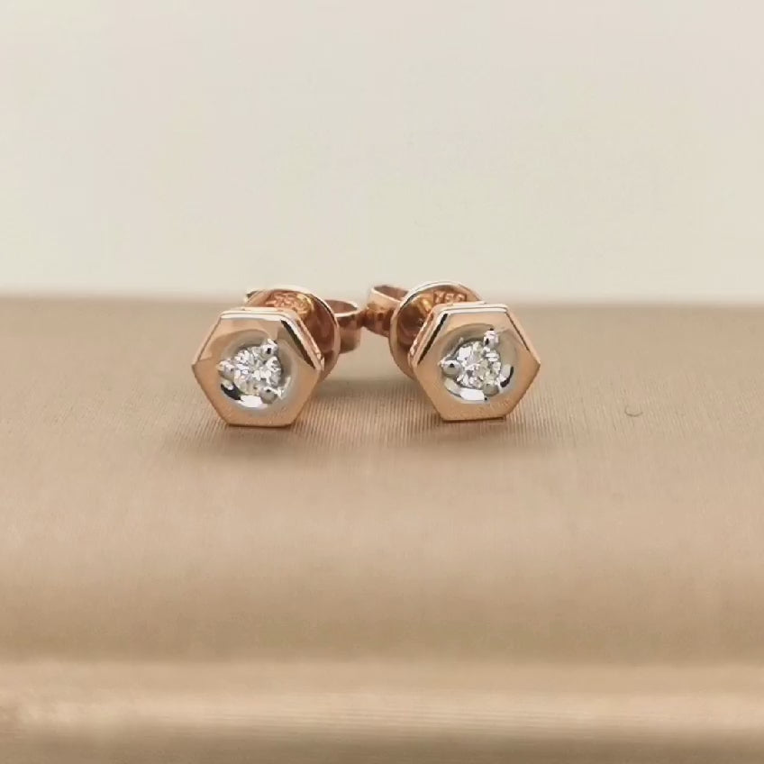 Octagon Framed Solitaire Diamond Stud Earrings In 18k Rose Gold.