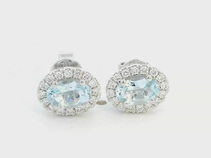 18k White Gold Aquamarine & Diamond Halo Stud Earrings