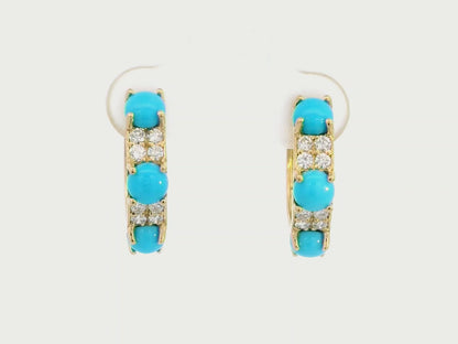 18K Yellow Gold Turquoise and Diamond Hoop Earrings