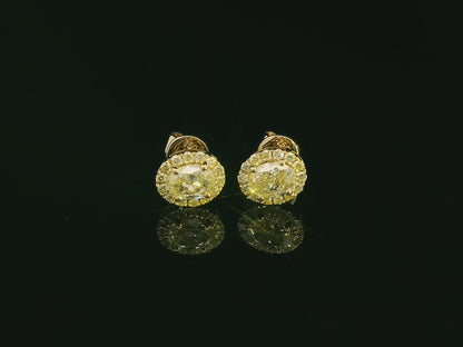 Classic halo diamond earrings in yellow gold featuring vibrant yellow center stones