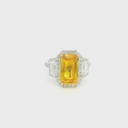 Emerald Cut Yellow Sapphire Diamond Ring in 18K White Gold