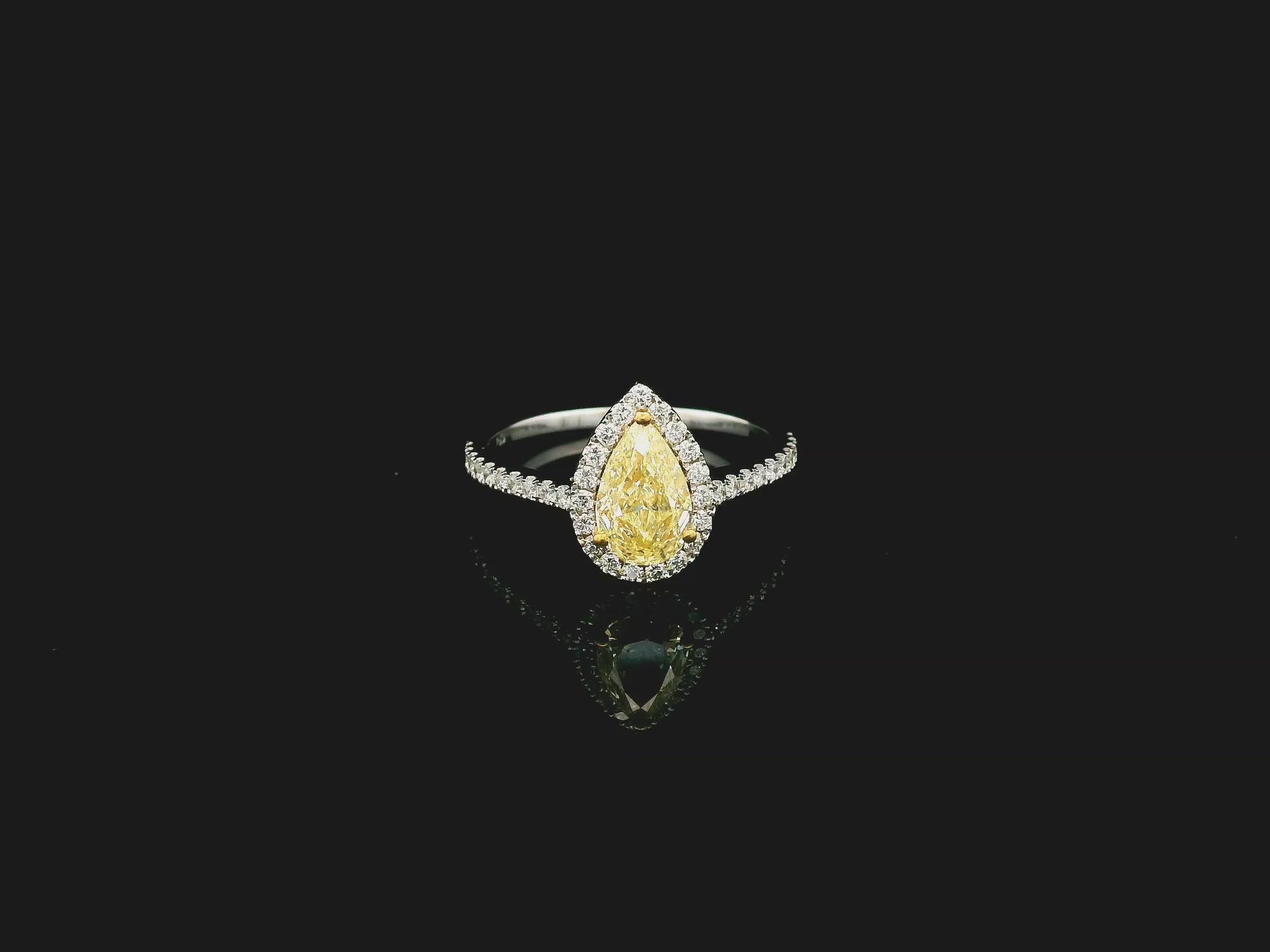 Fancy yellow pear-shaped diamond halo ring in 18K white gold with pavé diamond band and GIA certified center stone.