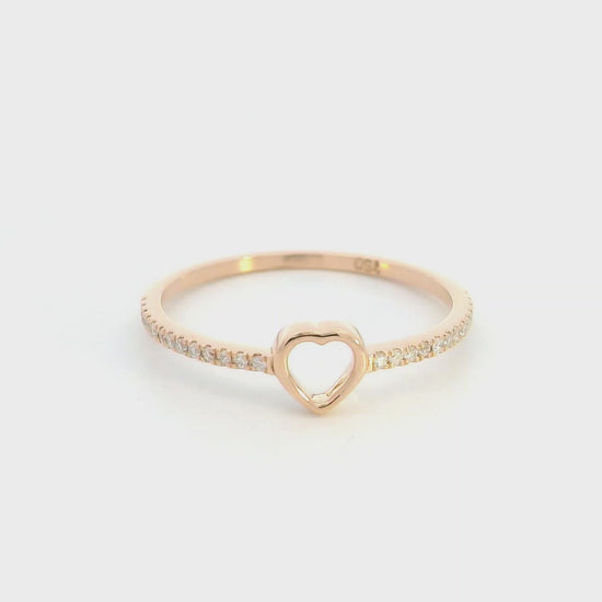 18K rose gold diamond heart ring with pavé-set diamonds and minimalist open heart design.