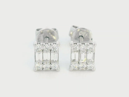 18K Gold Baguette and Round-Cut Diamond Stud Earrings – 0.33 Carat Total Diamond Weight