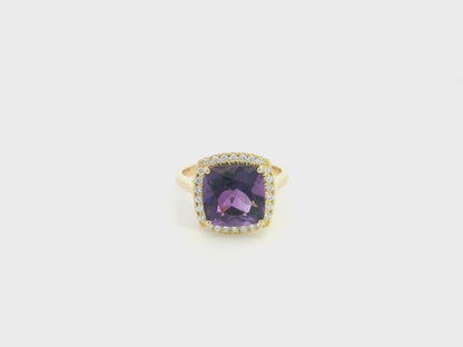 18K yellow gold cushion-cut amethyst halo ring with natural diamond accents.