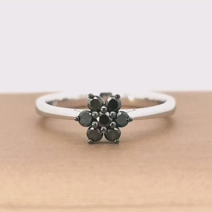 Flower Design Black Diamond Ring In 18k White Gold.