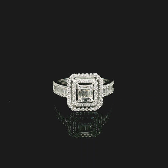Baguette and round diamond halo ring in 18K white gold with geometric multi halo design – Emirates Diamonds