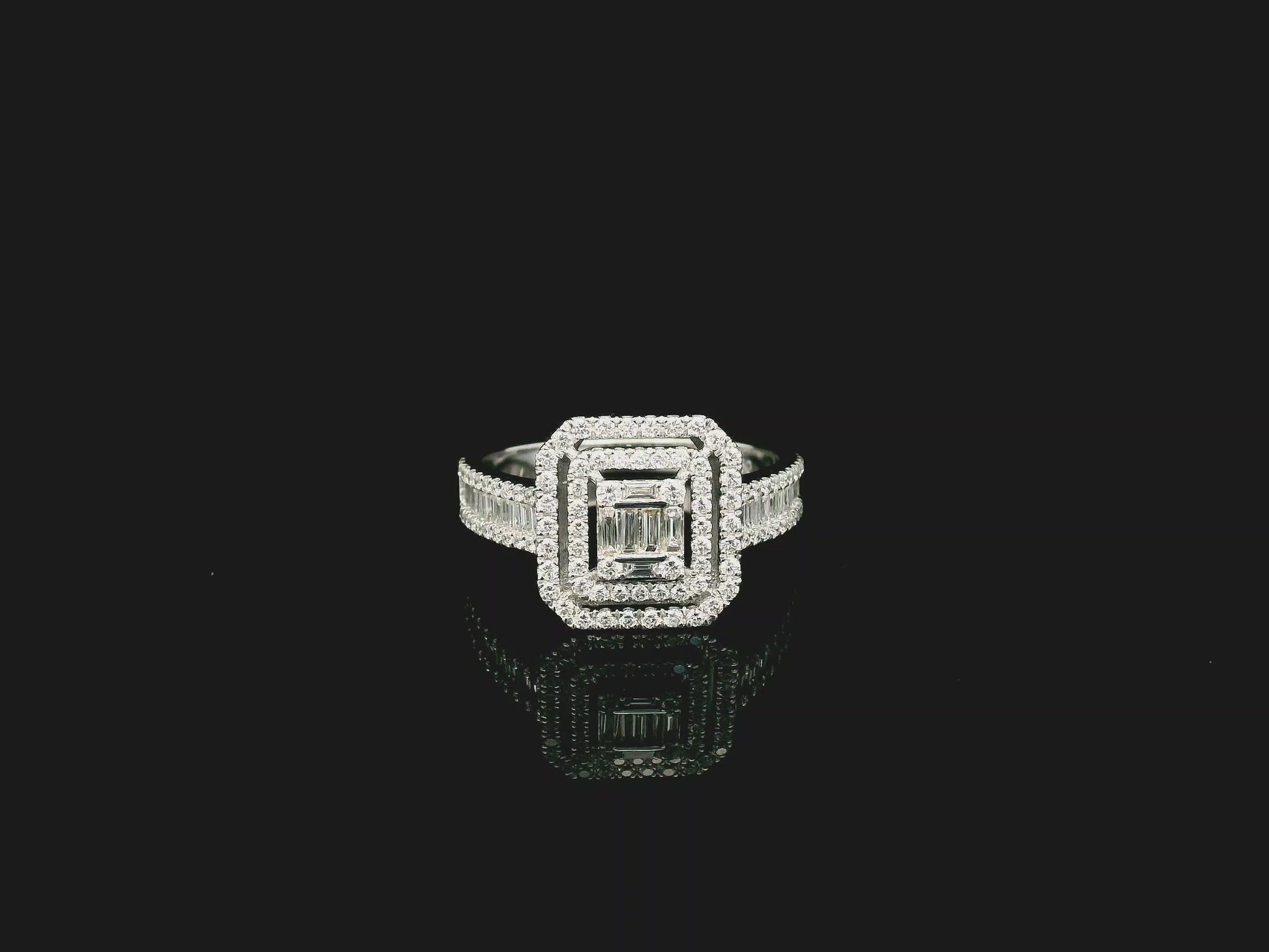 Baguette and round diamond halo ring in 18K white gold with geometric multi halo design – Emirates Diamonds