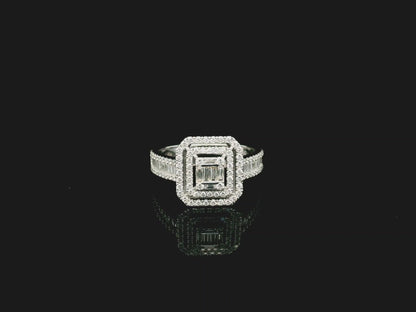 Baguette and round diamond halo ring in 18K white gold with geometric multi halo design – Emirates Diamonds