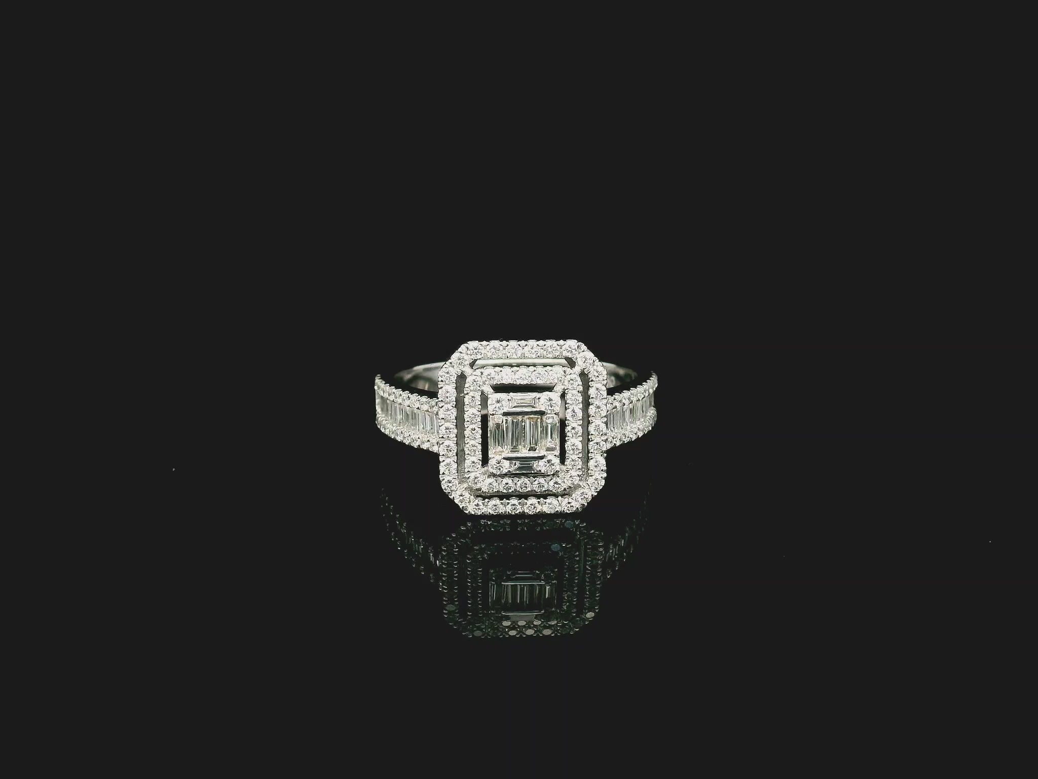 Baguette and round diamond halo ring in 18K white gold with geometric multi halo design – Emirates Diamonds