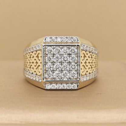 Cluster Set Men's Diamond Ring In 18k Yellow Gold.