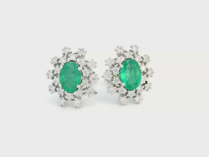 18k White Gold Oval Emerald and Diamond Starburst Stud Earrings.