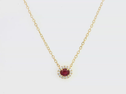 18K Yellow Gold Ruby and Diamond Halo Necklace – 0.42ct Ruby, 0.12ct Diamonds