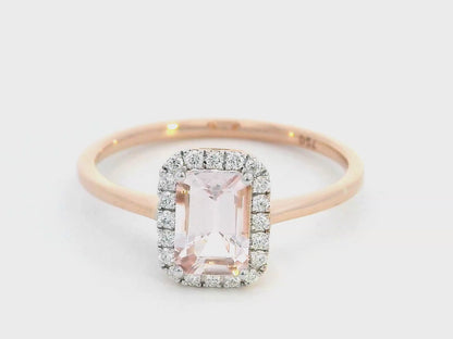 8k Rose Gold Emerald Cut Morganite Ring with Diamond Halo