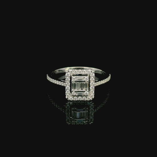 18K White Gold Diamond Halo Ring featuring 0.37 carat natural baguette and round brilliant diamonds in a geometric halo design with a diamond-set band.