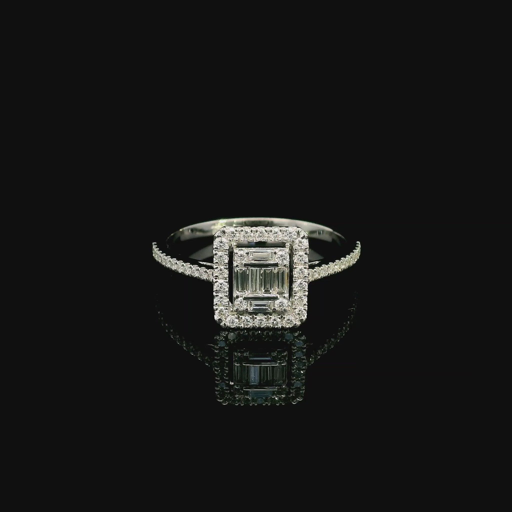 18K White Gold Diamond Halo Ring featuring 0.37 carat natural baguette and round brilliant diamonds in a geometric halo design with a diamond-set band.