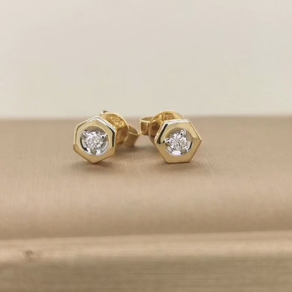 Octagonal Framed  Solitaire Stud Earrings In 18k Yellow Gold.