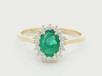 18k Yellow Gold Oval Emerald Ring with Diana-Style Diamond Halo - 0.75ct Emerald