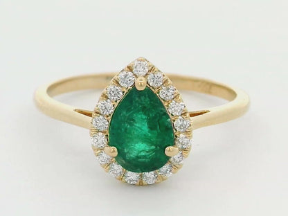 18k Yellow Gold Pear-Shaped Emerald Ring with Diamond Halo.