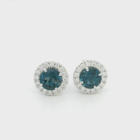 London Blue Topaz and Diamond Halo Stud Earrings in 18K White Gold with 1.85 Carat Natural London Blue Topaz