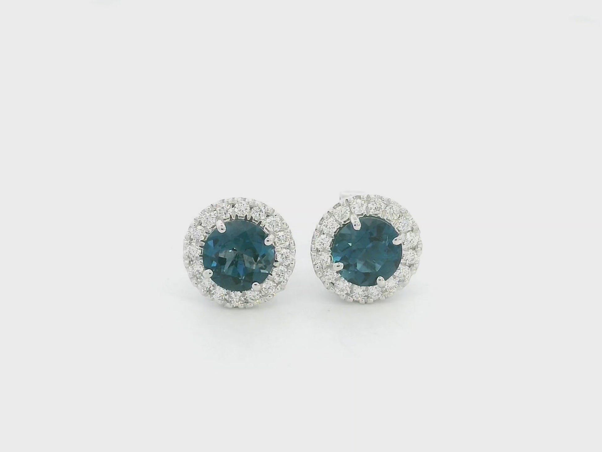 London Blue Topaz and Diamond Halo Stud Earrings in 18K White Gold with 1.85 Carat Natural London Blue Topaz