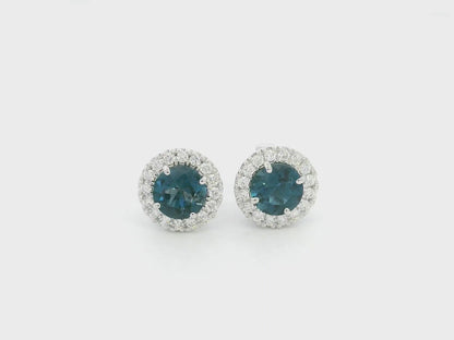 London Blue Topaz and Diamond Halo Stud Earrings in 18K White Gold with 1.85 Carat Natural London Blue Topaz