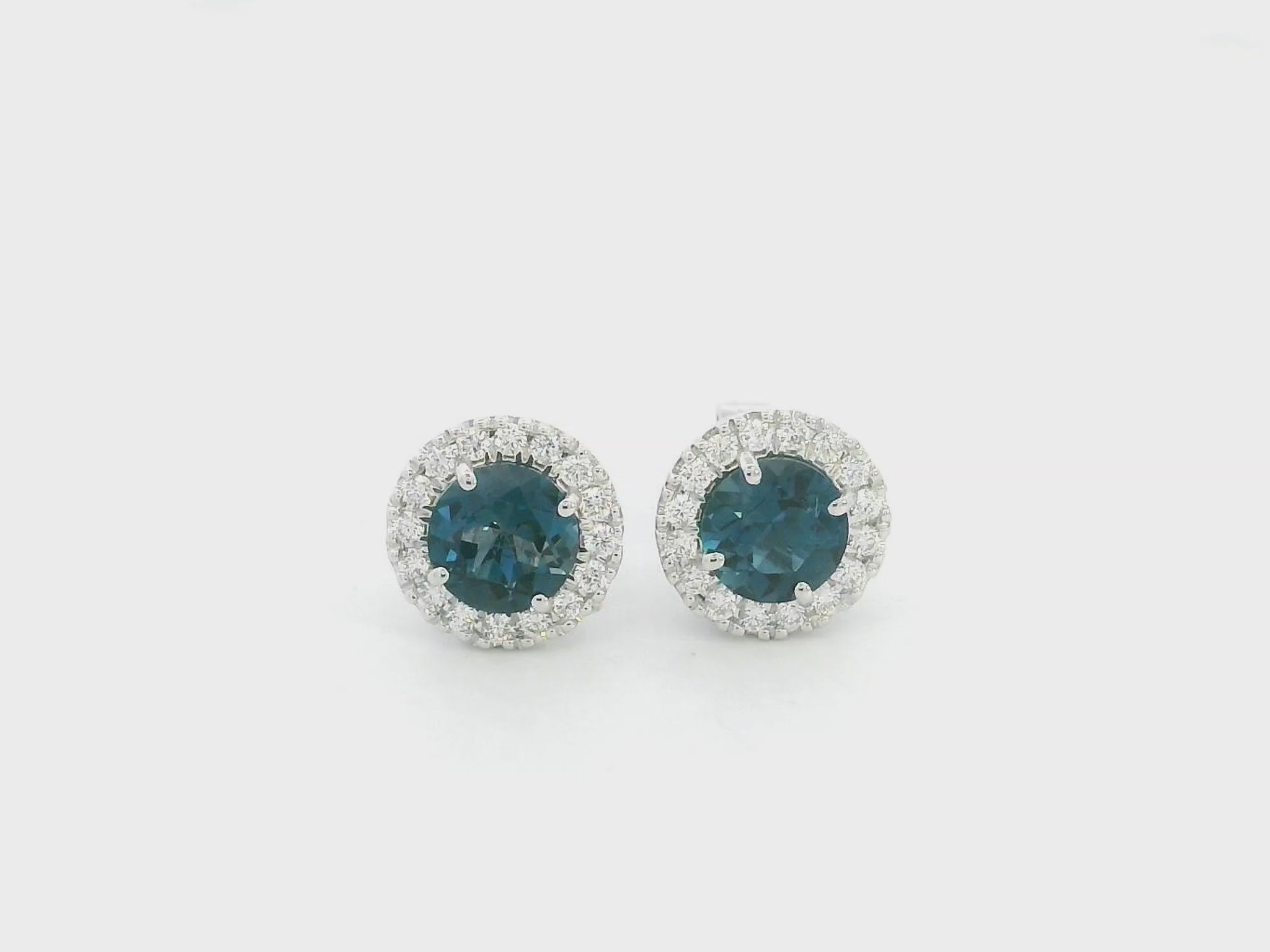 London Blue Topaz and Diamond Halo Stud Earrings in 18K White Gold with 1.85 Carat Natural London Blue Topaz