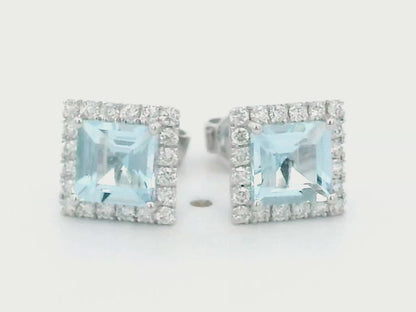 1.62 Carat Aquamarine With Diamond Halo Stud Earrings In 18k White Gold.