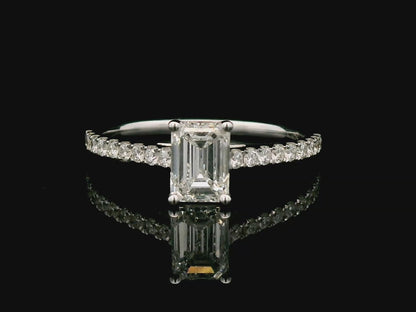 Solitaire Emerald-Cut Diamond Ring with Sparkling Diamond Encrusted  Band in 18k Gold.