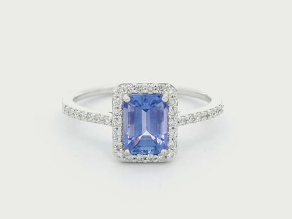 1.28ct Emerald Cut Tanzanite Ring with Diamond Halo in 18K Gold