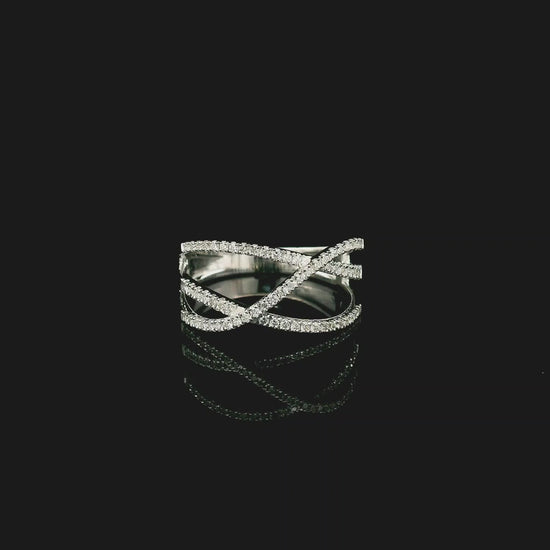 18K white gold diamond criss cross ring with pavé-set crossover bands.