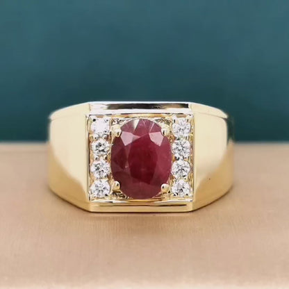 Ruby And Diamond Ring For Men In 18k Yellow Gold.