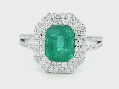 18k Gold Emerald Cut 1.85 Carat Emerald Ring with 0.55 Carat Double Diamond Halo and Split Band