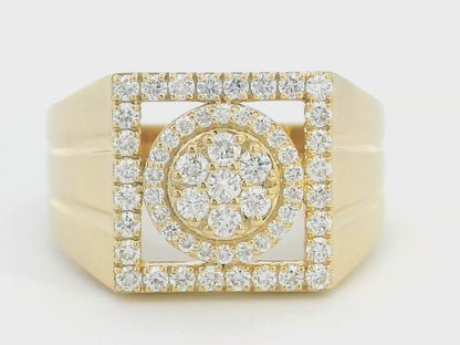 Men's Diamond Ring With Cluster Set Diamonds And Square Halo In 18k Yellow Gold