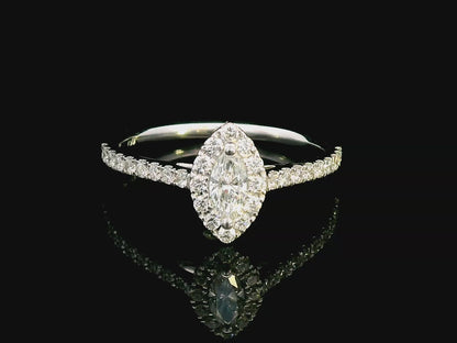 Exquisite 0.57 Carat Marquise Diamond Halo Ring with Round Cut Diamond Accents in White Gold