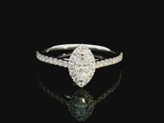 Exquisite 0.57 Carat Marquise Diamond Halo Ring with Round Cut Diamond Accents in White Gold