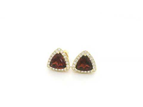 Trillion Cut Garnet and Diamond Halo Stud Earrings in 18K Yellow Gold by Emirates Diamonds