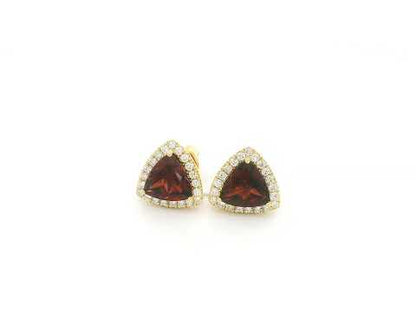 Trillion Cut Garnet and Diamond Halo Stud Earrings in 18K Yellow Gold by Emirates Diamonds