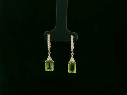 18K yellow gold emerald cut peridot diamond drop earrings by Emirates Diamonds