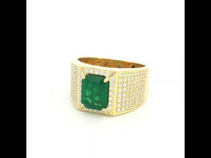 Men’s emerald and diamond ring in 18K yellow gold with emerald cut emerald and diamond-set wide band