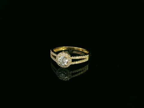 0.75 carat round diamond halo ring in 18K yellow gold with split diamond band by Emirates Diamonds