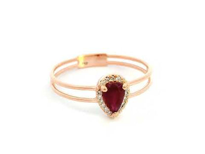 18K Rose Gold Pear-Shaped Ruby and Diamond Halo Ring – 0.53 CT Natural Ruby, 0.05 CT Diamonds