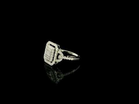 18K white gold statement ring featuring 0.09 carat natural baguette diamonds surrounded by 0.72 carat natural round brilliant diamonds in a geometric double halo design.
