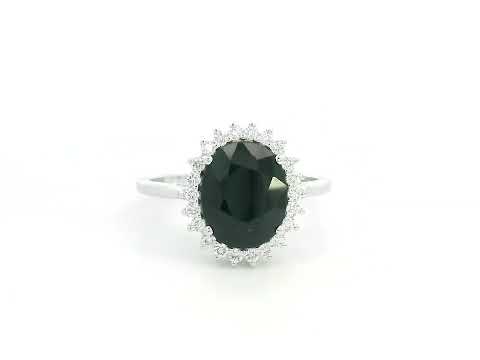 3.41 carat oval blue sapphire and diamond halo ring in 18K white gold by Emirates Diamonds