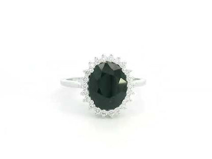 3.41 carat oval blue sapphire and diamond halo ring in 18K white gold by Emirates Diamonds