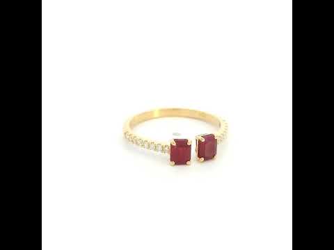 Ruby Open Ring in 18K Yellow Gold with Emerald Cut Rubies and Diamond Band