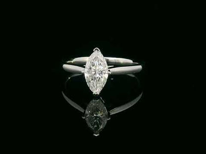 18K white gold solitaire engagement ring with 1.01 carat marquise diamond, D color, IGI certified